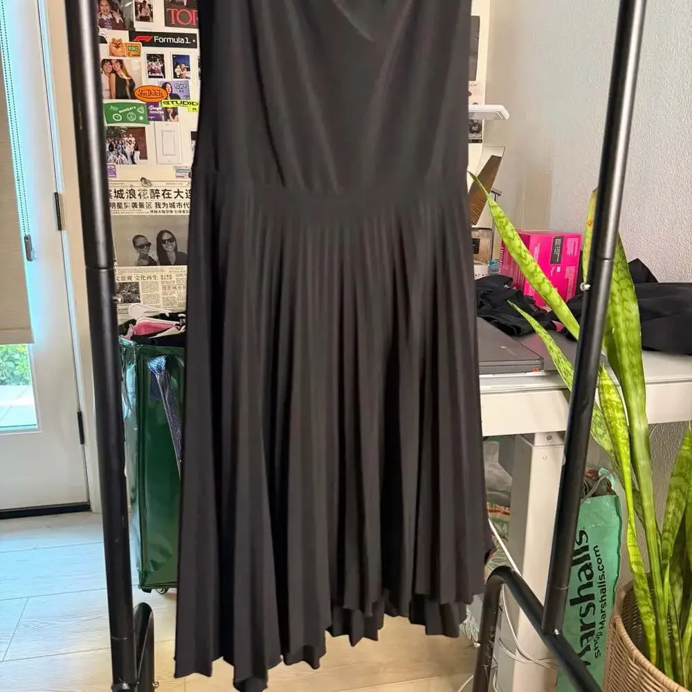 Vintage Black Halter Dress Pleated Maxi V-Neck S
